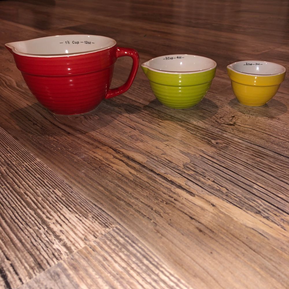 Set of 3 Creative Co-Op Ceramic Decorative Measuring Cups Red Yellow Green